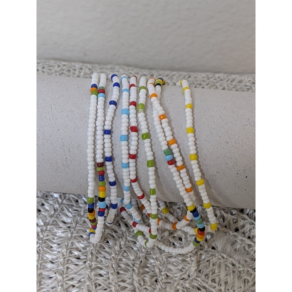 Set of Hoop Earrings & Stacking Bracelets  White Seed Beads‎ Multi Color Accents